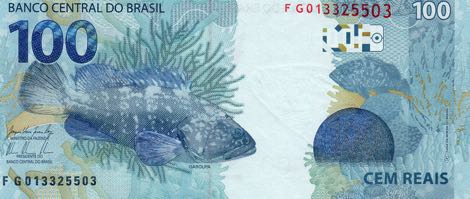 Reverso billete de 100 Reales Brasileos