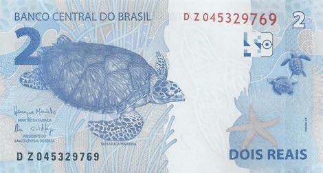 Reverso billete de 2 Reales Brasileos