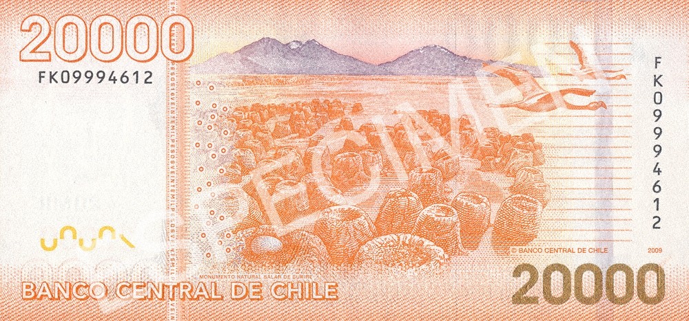 Reverso billete de 20,000 Pesos Chilenos